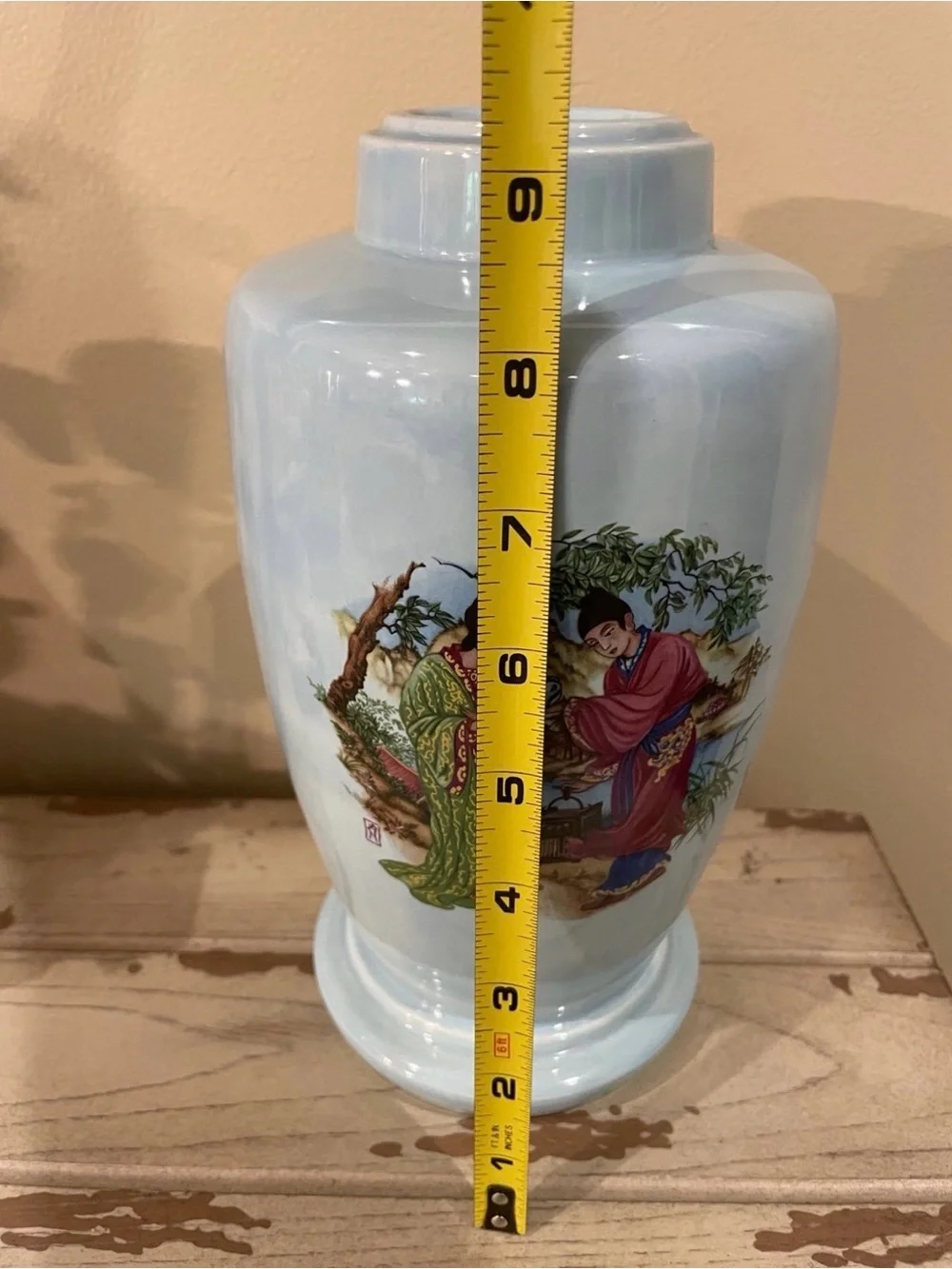 Vintage Ceramic Vase Asian Art Figural Hand Painted Blue